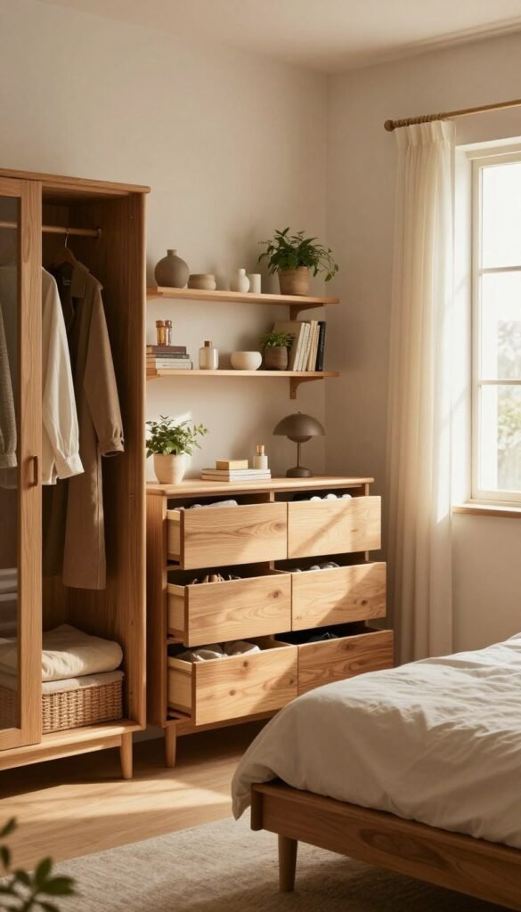 A cozy bedroom featuring a well-organized storage solution that exudes warmth and authenticity. In the foreground, a stylish wooden wardrobe and a modern chest of drawers with natural wood finishes, showcasing neatly arranged clothes and accessories. The middle ground displays a minimalist bookshelf adorned with decorative items and plants, creating a serene atmosphere. A bench at the foot of the neatly made bed adds a functional touch. Soft, warm lighting gently illuminates the room, creating inviting shadows and emphasizing the natural textures of the furniture. The window is open, allowing soft daylight to stream in, evoking a fresh, peaceful vibe. The overall color palette consists of warm, earthy tones, reflecting a Pinterest-inspired aesthetic. The brand "WohnKiste" subtly integrated, emphasizing the harmonious blend of storage and comfort.
