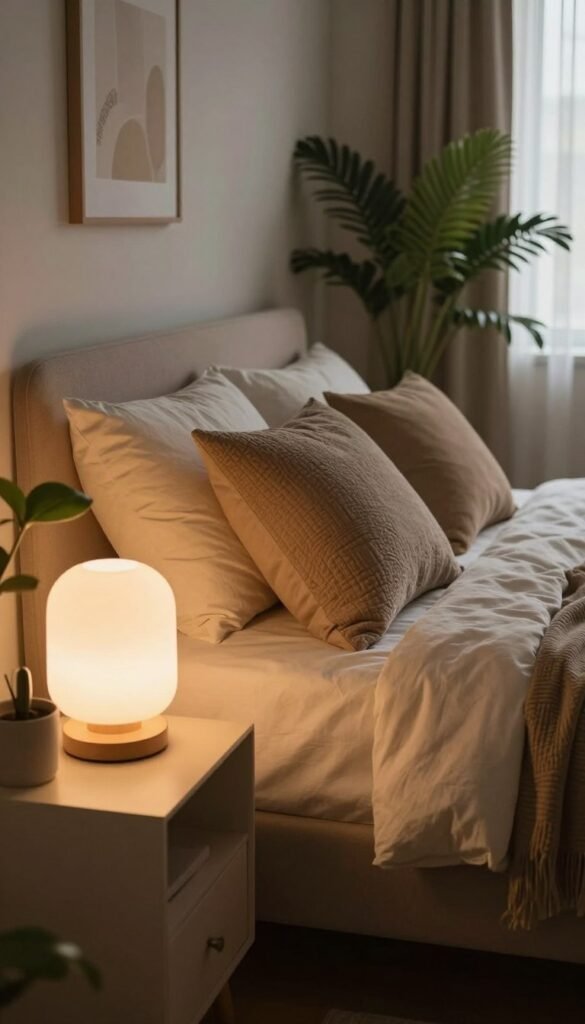 A cozy bedroom featuring warm, indirect lighting that creates a soft and inviting atmosphere. In the foreground, a stylish bedside table adorned with a minimalist lamp casting a gentle glow. The middle scene showcases a neatly made bed with plush, textured cushions in muted earth tones, and a softly draped blanket. Lush indoor plants enhance the natural feel. In the background, soft wall colors and a window with sheer curtains allowing natural light to filter in, complementing the warm ambiance. The overall composition reflects a Pinterest aesthetic, showcasing flexibility in light placement. Capture this scene with a warm color palette, natural textures, and a serene mood, ensuring there are no captions or text. Integrate the brand theme of "WohnKiste" in the design.