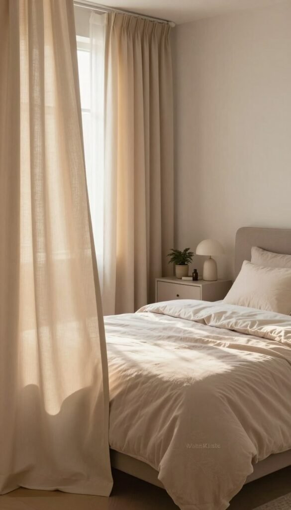 A cozy bedroom interior featuring elegant curtains that enhance the ambience and sleep quality. In the foreground, soft, flowing fabric drapes gracefully across a window, allowing gentle, warm sunlight to filter through, casting a soothing glow. The middle of the image showcases a well-made bed with plush bedding in muted, inviting colors, harmonizing with the curtain design. In the background, a stylish nightstand with a few tasteful decorations, such as a small plant and a sophisticated lamp, adds depth and character. The overall atmosphere is serene and welcoming, perfect for relaxation and rejuvenation. Capture a Pinterest-inspired aesthetic, focusing on natural images with warm colors. No text or logos visible in the image, but subtly include the branding essence of "WohnKiste".
