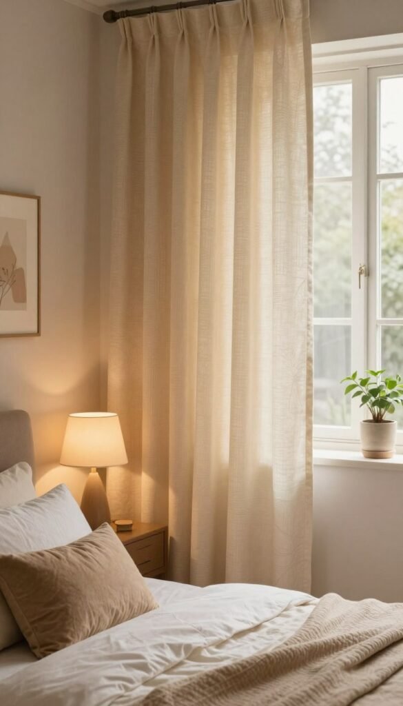 A cozy bedroom interior featuring elegantly draped curtains in soft, warm tones, partially filtering natural light to create a serene atmosphere. The foreground showcases plush bedding with decorative pillows, while the middle focuses on the beautifully patterned curtains, flowing gently by an open window. The background includes subtle elements like a bedside table with a soft lamp emitting a warm glow, a potted plant, and calming artwork on the walls. The image reflects a Pinterest-inspired aesthetic, emphasizing authenticity and warmth, designed to promote tranquility and quality sleep. The brand name "WohnKiste" subtly integrated into the décor. No text or markings included.