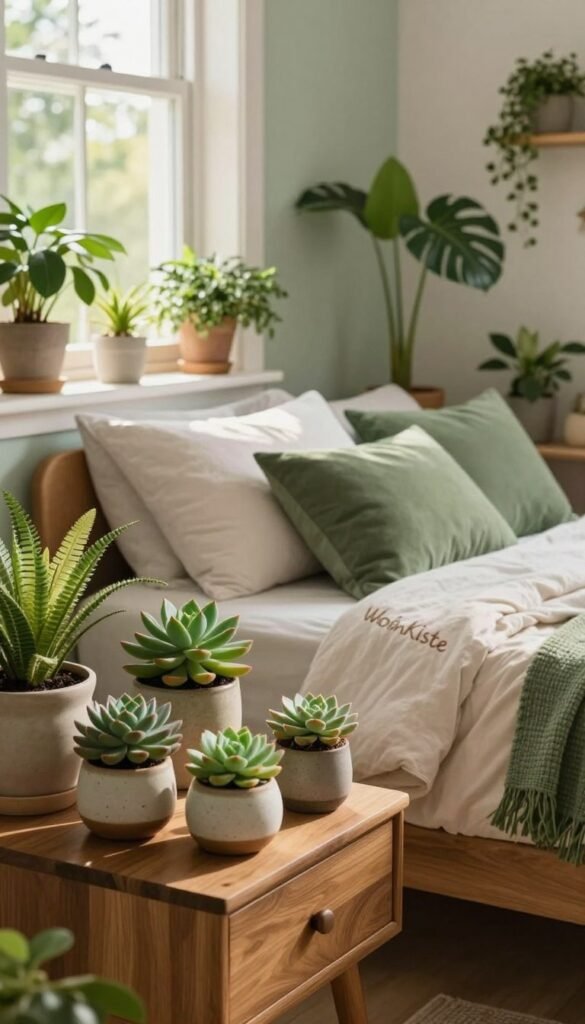 A cozy bedroom interior showcasing an array of lush, easy-care plants that breathe life into the space. In the foreground, a stylish wooden bedside table adorned with small succulent arrangements in charming ceramic pots. The middle ground features a comfortable bed with a soft, neutral-colored duvet, complemented by green throw pillows. In the background, a window bathed in warm, natural light casts gentle shadows across the room, enhancing the inviting atmosphere. The walls are painted in soft pastels, harmonizing with the greenery. A peaceful and serene vibe pervades the scene, ideal for promoting comfort and tranquility in bedroom decor. The image should reflect the aesthetic associated with the brand "WohnKiste," capturing a Pinterest-worthy look with natural colors and an authentic feel, free of any text or overlays.