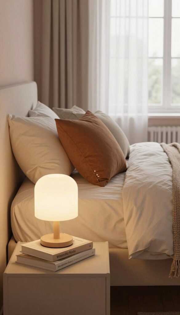 A cozy bedroom scene designed for functional morning light and calming evening ambiance. In the foreground, a stylish bedside table with a sleek, modern lamp casting a warm glow, and a neatly arranged stack of books. The middle layer features a comfortable bed with soft, neutral-toned linens, adorned with plush pillows in earth tones, and a beautifully woven throw. The background showcases a large window with sheer curtains that filter soft, natural light, illuminating the room with a gentle brightness. The walls are painted in soft pastels, creating a serene atmosphere. The overall image embodies a Pinterest-inspired aesthetic, with warm color tones that evoke comfort and tranquility. The brand name "WohnKiste" appears subtly within the scene's elements, enhancing the visual coherence without overwhelming the composition.