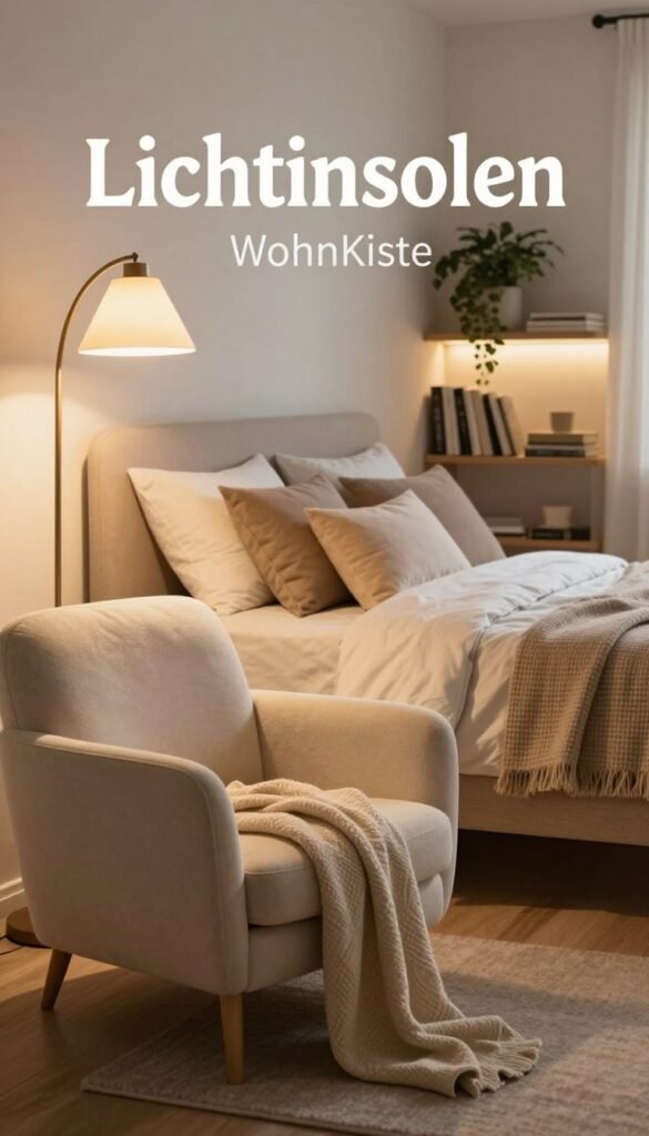 A cozy bedroom scene designed for optimal lighting and comfort, featuring the concept of "Lichtinseln" or light islands. In the foreground, a stylish reading nook with a plush armchair and a soft throw blanket, bathed in warm, ambient light from a nearby floor lamp. In the middle, a beautifully made bed with layered textures, accented by decorative pillows, evoking a sense of tranquility. The background showcases softly illuminated shelves filled with books and decorative plants, creating a serene atmosphere. Use soft, natural colors reminiscent of Pinterest aesthetics, emphasizing warmth and comfort. The image should capture a feeling of calm and coziness, suitable for a modern bedroom. Include subtle branding elements of "WohnKiste" integrated into the decor, ensuring the imagery is authentically inviting and free of any text or distractions.