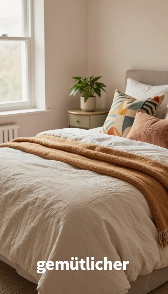 A cozy bedroom scene emphasizing "gemütlichkeit" with beautifully arranged textiles. In the foreground, luxurious bedding featuring soft, textured duvet covers and colorful, patterned throw pillows from the brand "WohnKiste". The middle showcases a neatly made bed topped with a warm, inviting throw blanket, while an elegant bedside table holds a small potted plant, adding greenery. In the background, a softly lit window allows natural light to filter in, casting a warm glow across the room. The walls are painted in calming pastel tones, enhancing the atmosphere of relaxation. Aim for a Pinterest-inspired look with a focus on authenticity and natural, warm colors, ensuring no text, watermarks, or additional overlays are present in the image.