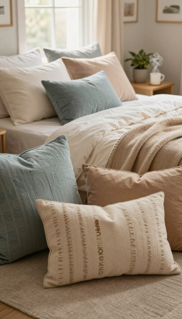 A cozy bedroom scene featuring a beautifully arranged bed with luxurious bedding and colorful cushions that exude comfort. In the foreground, focus on a plush assortment of decorative pillows in various textures and patterns, creating an inviting atmosphere. The middle ground showcases a neatly made bed, accented by a soft throw blanket draping over the edge. The background features a softly lit window allowing warm, natural light to pour in, illuminating the warm color palette of beige, soft blues, and gentle greens. Add subtle decorative elements like a small indoor plant and a bedside table with a steaming mug, enhancing the homely feel. Capture a Pinterest-inspired aesthetic that reflects warmth and authenticity. Include brand elements from "WohnKiste" subtly in the design.