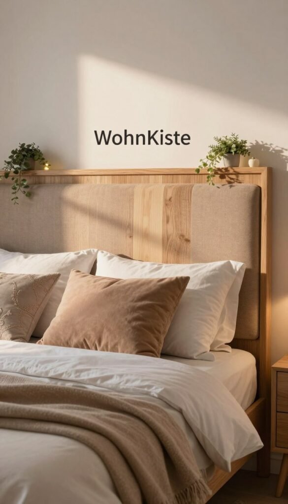 A cozy bedroom scene featuring a beautifully designed bed headboard, showcasing a mix of natural wood textures and soft upholstered fabric in warm colors. The foreground features a plush bed with inviting bedding, including fluffy pillows and a soft throw blanket. In the middle ground, the focus is on the ornate headboard which seamlessly combines modern and rustic elements, decorated with subtle accents like small plants or decorative lights. The background highlights soft lighting from a nearby window, casting gentle shadows that enhance the warm atmosphere. The overall mood is peaceful and inviting, capturing a Pinterest-inspired aesthetic. A logo or subtle brand element of "WohnKiste" is incorporated into the scene without dominating the image.