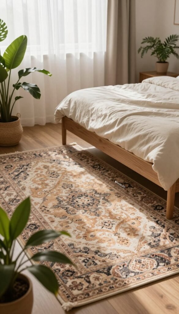 A cozy bedroom scene featuring a beautifully layered soft rug adorned with intricate patterns, combining warm earth tones and subtle textures. In the foreground, lush green potted plants with vibrant leaves provide a refreshing contrast, elegantly arranged around the rug. The middle of the image showcases a stylish wooden bed with crisp, neutral bedding that invites relaxation. In the background, soft, natural light filters through sheer curtains, casting a warm glow that enhances the inviting atmosphere. The overall mood is tranquil and rejuvenating, reminiscent of a Pinterest-inspired aesthetic. Include the brand name "WohnKiste" subtly integrated into the design. The image should be authentically natural, evoking a sense of comfort and well-being, free from any text or overlays.