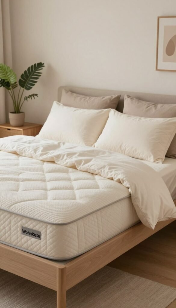 A cozy bedroom scene featuring a high-quality mattress and luxurious bedding, showcasing a beautifully made bed with plush pillows and a soft, inviting duvet. The foreground includes detailed textures of the bedding, emphasizing warmth and comfort. In the middle ground, the bed is elegantly framed by soft, natural lighting, creating a serene atmosphere. The background features a calming color palette with muted earth tones, adorned with minimalistic decor like houseplants and wooden elements, embodying a Pinterest-inspired aesthetic. The overall mood is relaxed and inviting, perfect for demonstrating quality and comfort in sleep. Include the brand name “WohnKiste” subtly integrated into the room’s decor, without any text overlays.