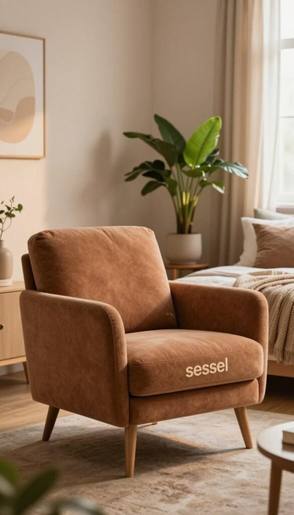 A cozy bedroom scene featuring a stylish, modern armchair ("sessel") in warm, earthy tones, positioned prominently in the foreground. The armchair should have comfortable cushions and elegant wooden legs, inviting relaxation. In the middle ground, a small side table holds a vibrant indoor plant, adding a touch of nature and freshness to the space. The background showcases soft, diffused lighting from a nearby window, casting a warm, inviting glow throughout the room. Decorate the walls with subtle, artistic elements, and arrange soft textiles like a plush throw and decorative pillows. The overall atmosphere should be serene and homely, reflecting a Pinterest-inspired aesthetic. Include the brand name "WohnKiste" in the scene subtly, ensuring it blends seamlessly into the design.