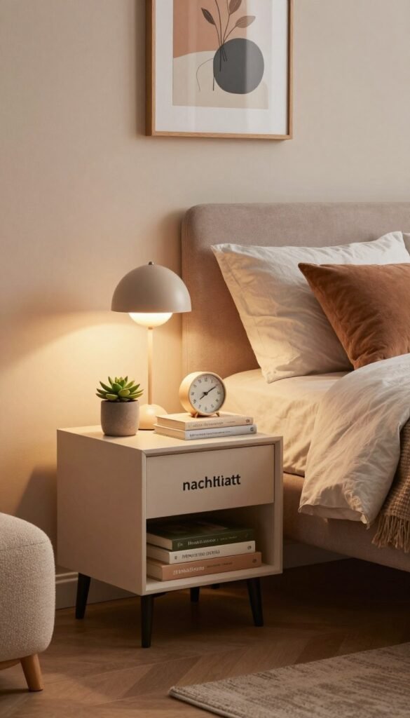 A cozy bedroom scene featuring a stylish "nachttisch" (bedside table) designed by WohnKiste. In the foreground, the bedside table is adorned with a small reading lamp, a potted succulent, a stack of neatly arranged books, and a decorative clock, all in warm, inviting colors. The middle ground showcases a plush bed with soft linens and an oversized blanket, creating a comfortable atmosphere. In the background, softly lit wall art and a muted color palette promote relaxation. The room is illuminated by gentle, natural light filtering in through a window, casting soft shadows and enhancing the warm ambiance. The overall mood is serene and organized, perfect for inspiration in bedroom design.
