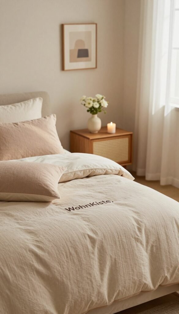 A cozy bedroom scene featuring beautiful bedding from the brand "WohnKiste," including plush pillows and a stylish day cover. In the foreground, display a neatly made bed with textured layers of soft, muted fabrics in warm colors like beige, soft taupe, and gentle cream. Next, include a tastefully arranged bedside table adorned with a small vase of fresh flowers and a softly glowing candle. The middle ground showcases subtle artwork on the walls, enhancing a serene atmosphere. In the background, natural light pours in through sheer curtains, casting soft shadows and creating an inviting mood. Use a warm color palette that evokes comfort and relaxation, all captured with a gently blurred depth of field to emphasize the foreground details.