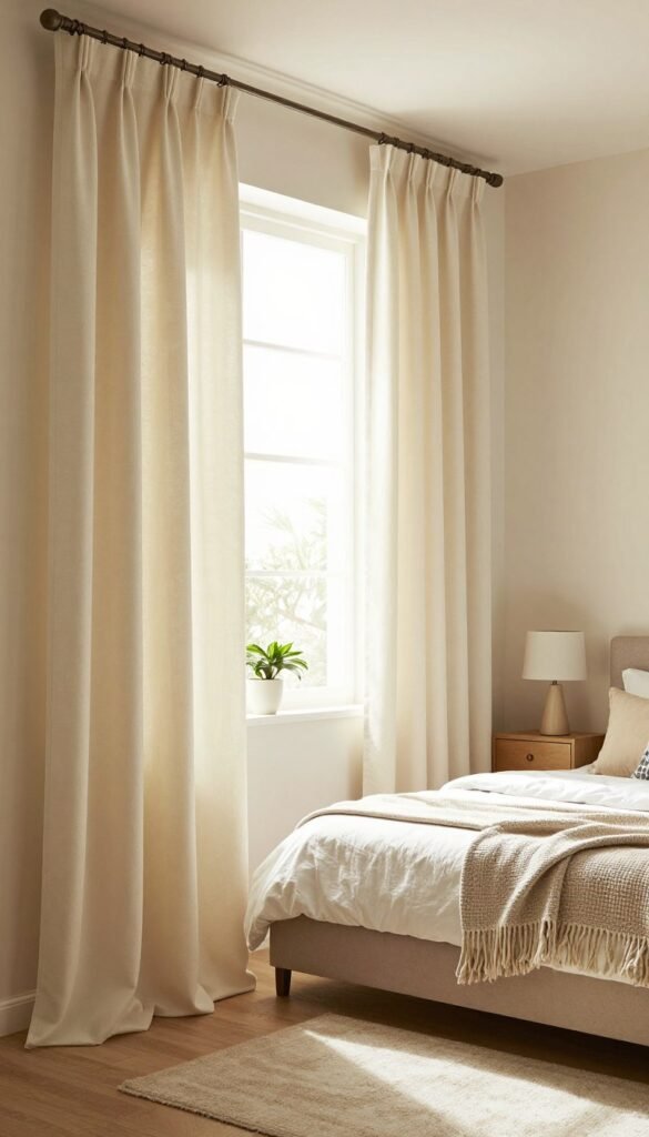 A cozy bedroom scene featuring elegant curtains that enhance the atmosphere without a complete makeover. In the foreground, plush curtains in soft cream and beige hues gracefully drape down from a classic rod, framing a large window that lets in warm, diffused natural light. The middle ground showcases a neatly made bed with a textured throw and decorative pillows that complement the curtain colors. In the background, a calming wall painted in a light pastel shade reflects a tranquil atmosphere. A stylish bedside table holds a minimalistic lamp, while houseplants add a touch of greenery. Capture the essence of a warm, inviting space designed by WohnKiste, emphasizing a Pinterest-inspired aesthetic, with a focus on authenticity and soft, warm lighting.