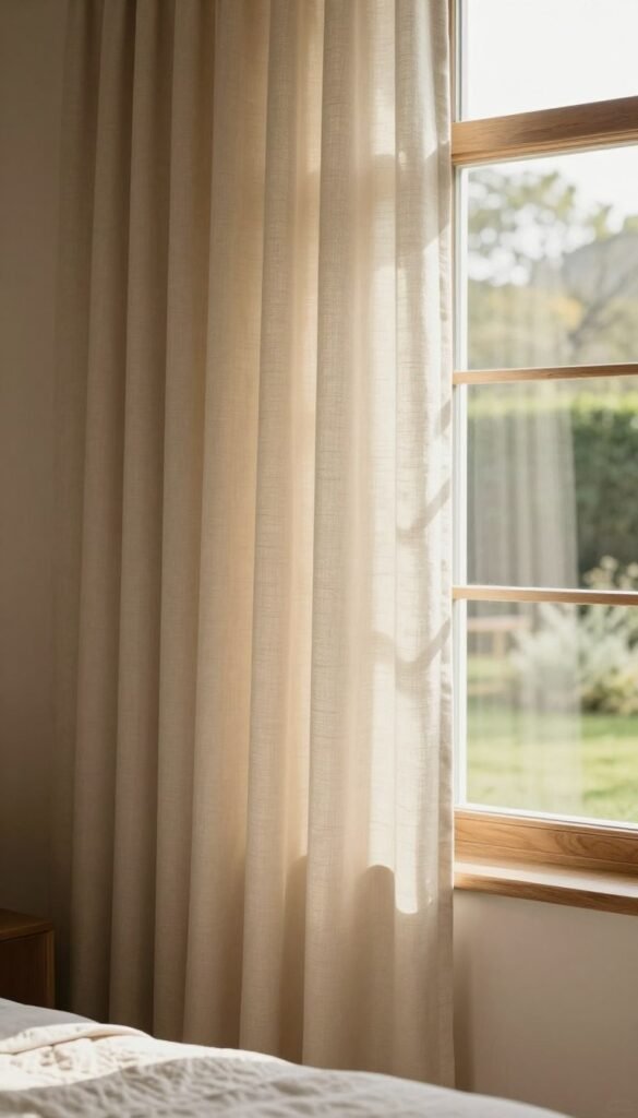 A cozy bedroom scene featuring elegant, flowing curtains that accentuate the windows, offering both privacy and light control. The curtains are made of soft, textured fabric in warm, inviting colors like muted beige and soft cream, creating a tranquil atmosphere. In the foreground, a stylish wooden window frame adds rustic charm, while the middle ground highlights the gentle folds of the curtains, catching the soft morning light. In the background, a serene view of a garden can be seen through the windows, enhancing the sense of privacy and calm. The lighting is warm and natural, mimicking a Pinterest aesthetic, with a focus on creating an inviting and peaceful mood. Incorporate elements of acoustic comfort and a touch of modern decor, reflecting the brand WohnKiste.