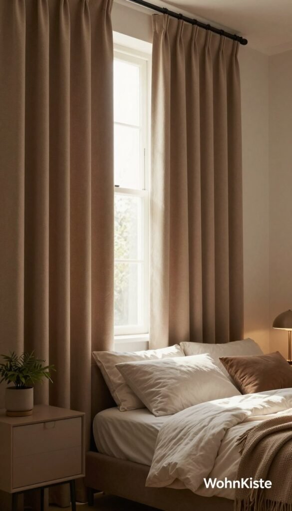 A cozy bedroom scene featuring elegant, thick curtains in warm, earthy tones, inviting a sense of tranquility and privacy. The curtains are drawn to one side, revealing a beautifully styled window with soft, filtered natural light streaming through. In the foreground, a tastefully arranged nightstand with a small potted plant and a dim lamp creates a serene atmosphere. The middle ground showcases the plush bed adorned with neutral tones and layered textures, emphasizing comfort. In the background, a subtle wall with soft, muted paint complements the overall calming theme. The image embodies a Pinterest-inspired aesthetic, focusing on natural elements and warmth, with the brand name "WohnKiste" subtly incorporated into the room’s decor, ensuring the overall vibe remains authentic and visually appealing.