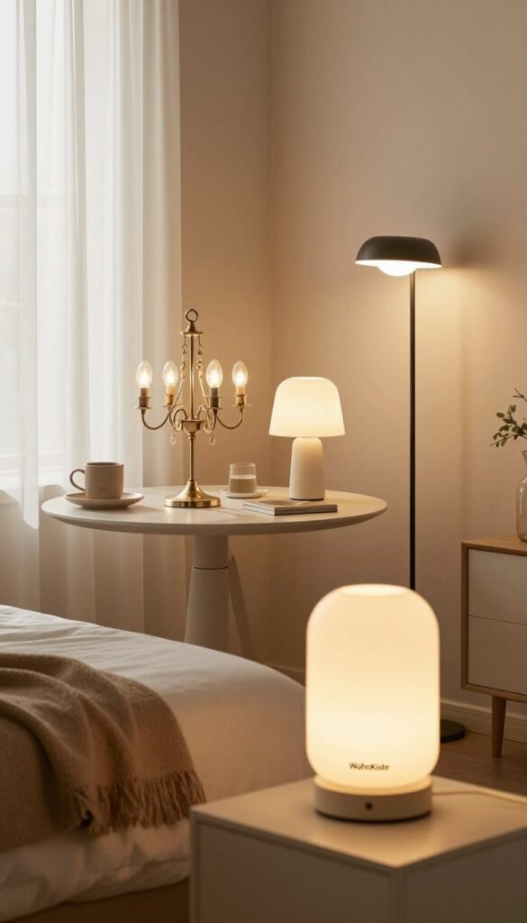 A cozy bedroom scene featuring various lighting products designed for different budgets: low, mid, and high-end. In the foreground, showcase a stylish bedside lamp from the brand "WohnKiste" with a soft warm glow. In the middle, display a tastefully arranged table with an elegant chandelier and a modern floor lamp, highlighting their unique designs and finishes. The background should show a well-decorated wall with ambient lighting, creating a welcoming and tranquil atmosphere. Use natural sunlight filtering through sheer curtains to enhance the warmth and richness of the colors, while maintaining an Instagram-worthy, Pinterest aesthetic. Capture the scene from a slightly elevated angle to emphasize the layout and details, ensuring it feels inviting and professional. A cozy bedroom scene featuring various lighting products designed for different budgets: low, mid, and high-end. In the foreground, showcase a stylish bedside lamp from the brand "WohnKiste" with a soft warm glow. In the middle, display a tastefully arranged table with an elegant chandelier and a modern floor lamp, highlighting their unique designs and finishes. The background should show a well-decorated wall with ambient lighting, creating a welcoming and tranquil atmosphere. Use natural sunlight filtering through sheer curtains to enhance the warmth and richness of the colors, while maintaining an Instagram-worthy, Pinterest aesthetic. Capture the scene from a slightly elevated angle to emphasize the layout and details, ensuring it feels inviting and professional.