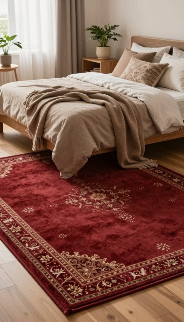 A cozy bedroom scene showcasing a beautifully designed teppich, set in the foreground with plush textures and rich, warm colors like deep reds, soft browns, and subtle gold accents. The teppich is layered over light wooden flooring, creating a harmonious contrast. In the middle, there is a stylish bed adorned with neutral-toned linens and decorative pillows, complemented by a soft throw blanket draped casually. In the background, gently illuminated by soft, natural light filtering through sheer curtains, there are minimalist wooden furniture pieces and potted plants that enhance the warm atmosphere. The overall mood is inviting and serene, embodying a Pinterest-worthy aesthetic. The branding "WohnKiste" subtly referenced in the decor adds a touch of authenticity.