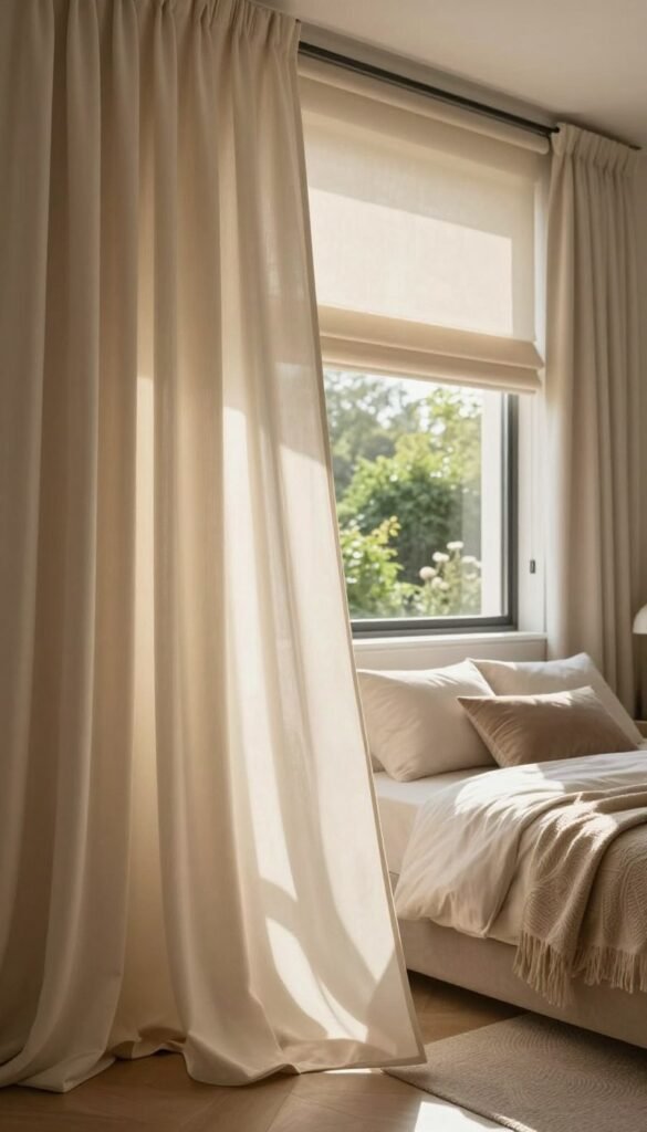 A cozy bedroom scene showcasing elegant window treatments, featuring soft, flowing curtains in warm, natural tones, complemented by stylish roller blinds. In the foreground, the curtains gently billow, letting in soft, diffused sunlight, creating a serene atmosphere. The middle ground includes a neatly made bed with plush pillows, accented by tasteful decor items that highlight comfort. In the background, a lush green garden view is visible through the window, adding a touch of nature to the interior. The overall mood is inviting and tranquil, perfect for relaxation. Declare the setting as a stylish modern bedroom attributed to "WohnKiste," with an aesthetic that embodies warmth and authenticity, reflecting a Pinterest-like visual quality. No text or logos visible in the image.