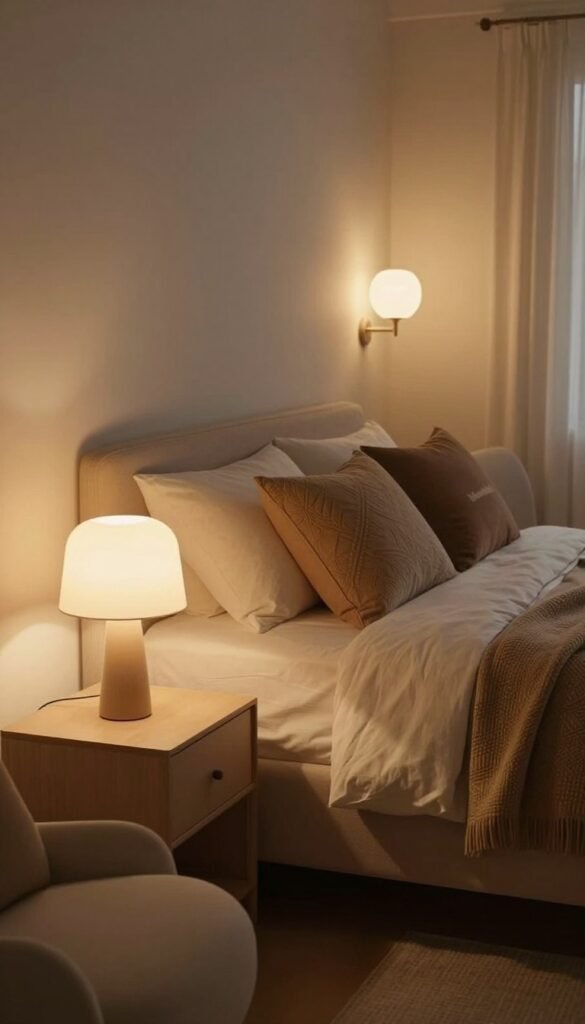 A cozy bedroom scene showcasing layered, warm, indirect lighting that creates a serene atmosphere. In the foreground, a stylish bedside table with a minimalist lamp emitting a soft glow. The middle ground features a neatly made bed adorned with textured throw pillows and a warm blanket, while a subtle accent chair sits nearby. The background includes softly painted walls and softly glowing wall sconces that enhance the room's tranquil feel. The color palette consists of natural, warm tones that evoke comfort and relaxation. Emphasize a Pinterest-inspired aesthetic with a focus on authenticity. The brand "WohnKiste" is subtly represented through tasteful decor elements, ensuring the space feels curated yet inviting, with no people or text present. A cozy bedroom scene showcasing layered, warm, indirect lighting that creates a serene atmosphere. In the foreground, a stylish bedside table with a minimalist lamp emitting a soft glow. The middle ground features a neatly made bed adorned with textured throw pillows and a warm blanket, while a subtle accent chair sits nearby. The background includes softly painted walls and softly glowing wall sconces that enhance the room's tranquil feel. The color palette consists of natural, warm tones that evoke comfort and relaxation. Emphasize a Pinterest-inspired aesthetic with a focus on authenticity. The brand "WohnKiste" is subtly represented through tasteful decor elements, ensuring the space feels curated yet inviting, with no people or text present.