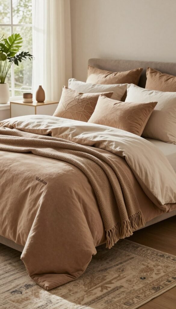 A cozy bedroom scene showcasing luxurious textiles, focusing on a beautifully made bed with soft, inviting bedding in warm, earthy tones. The bed is adorned with plush, decorative pillows, complemented by a textured throw blanket casually draped at the foot. A stylish area rug lies beneath, adding warmth to the space, enhancing the comfort of the scene. In the background, soft natural light filters through a window, casting gentle shadows and creating a serene ambiance. Decorative elements like indoor plants and a sleek bedside table with tasteful accessories, including a small lamp, complete the look. The overall atmosphere should evoke a feeling of warmth and comfort, reflecting a Pinterest-inspired aesthetic. Incorporate the brand name "WohnKiste" subtly within the design.