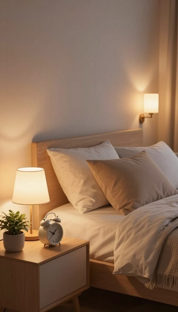 A cozy bedroom scene showcasing warm, indirect lighting that transforms the space into a serene retreat. In the foreground, a softly lit bedside table with a stylish lamp casting gentle light, a minimalist alarm clock, and a small potted plant. The middle ground features a neatly made bed with fluffy pillows and a textured throw blanket, arranged invitingly to emphasize comfort. In the background, softly glowing wall sconces create a warm ambiance, reflecting off subtle, calming colors on the walls. The overall atmosphere is tranquil and inviting, promoting relaxation, with an aesthetic appeal reminiscent of Pinterest inspirations. Ensure the lighting is warm and inviting, creating a harmonious balance that emphasizes flexibility in design. This illustration should feel authentic and homely, perfectly representing the branding of "WohnKiste".