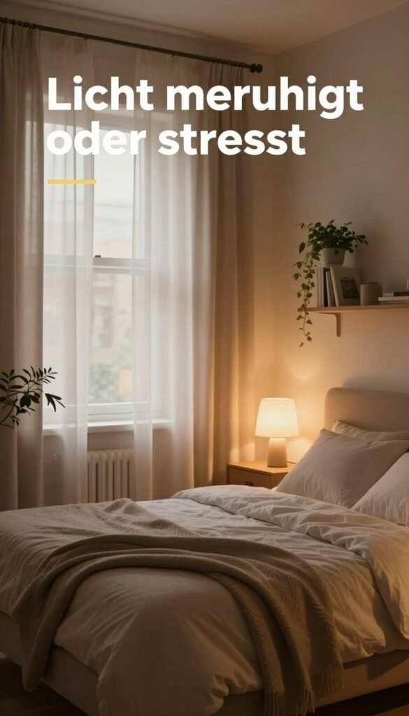 A cozy bedroom scene that embodies the concept of calming light. In the foreground, a soft, plush bed adorned with blanket layers in warm, neutral tones, complemented by delicate, dimmable bedside lamps casting a soothing glow. The middle ground features a large window with sheer curtains, allowing gentle, ambient light to filter in, enhancing the serene atmosphere. In the background, a minimalist bookshelf with a few decorative plants, exuding tranquility. The room is styled with earthy colors and natural textures for a Pinterest-inspired look. Warm hues dominate the palette, creating an inviting mood. The focus is on the overall calming effect of the carefully chosen lighting, emphasizing the title "Licht beruhigt oder stresst". No text or logos are visible. The brand name "WohnKiste" subtly influences the decor style.