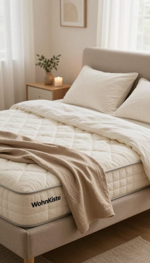 A cozy bedroom scene that showcases a high-quality mattress from "WohnKiste" as the focal point. In the foreground, a plush, inviting mattress with a thick, luxurious comfort layer, draped in soft, textured linens in warm tones. Fluffy pillows neatly arranged against the headboard, enhancing the sense of comfort. In the middle ground, a stylish bedside table featuring calming decorative elements, such as a small plant and a candle, adding to the serene atmosphere. The background should depict softly lit, natural light filtering through sheer curtains, creating a peaceful ambiance. The overall mood is warm and inviting, emphasizing tranquility and restful sleep. The composition has a Pinterest-inspired aesthetic, with natural colors and a minimalistic design.