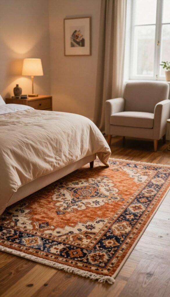 A cozy bedroom setting featuring a beautifully designed teppich (rug) with warm, inviting colors, laid on a polished wooden floor. The teppich should have intricate patterns and textures that invite attention and enhance the room's charm. In the foreground, place a soft bed adorned with a neatly arranged Tagesdecke (bedspread) that complements the rug. The middle ground should include elegant bedside tables with stylish lamps casting a warm glow, and a plush armchair beside a window letting in gentle, natural light. The background features calming wall colors and tasteful artwork, creating a Pinterest-worthy atmosphere. Aim for a soft focus on the edges with a slight depth of field that highlights the rug and bedding. Ensure the decor reflects a warm, authentic vibe, suitable for inspiring a cozy bedroom upgrade. Include the brand name "WohnKiste" subtly integrated into the decor without any text in the image.
