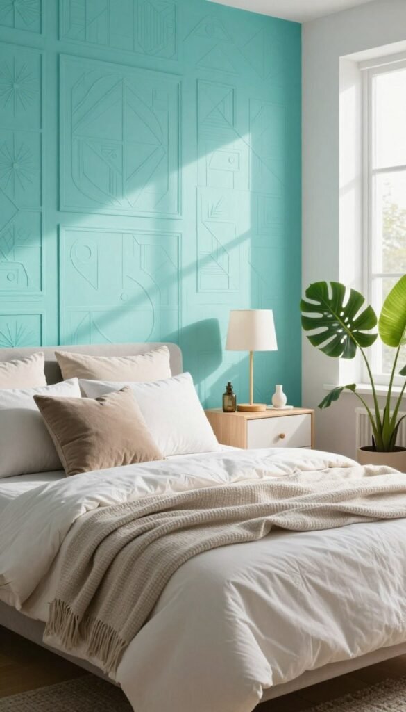 A cozy bedroom showcasing a vibrant accent wall behind a neatly made bed, painted in soothing turquoise with intricate geometric patterns. The foreground features a plush, inviting bed covered in soft, textured cushions and a light, airy blanket. In the middle ground, a stylish nightstand with minimalist decor and a table lamp adds warmth to the scene. The background features bright, natural light streaming through a large window, casting soft shadows and highlighting the wall's colors. There are lush green plants in the corners, enhancing the fresh atmosphere. The image embodies a chic Pinterest aesthetic, radiating comfort and creativity. The branding of "WohnKiste" is subtly reflected in the decor style, ensuring an authentic look without any text or labels. A cozy bedroom showcasing a vibrant accent wall behind a neatly made bed, painted in soothing turquoise with intricate geometric patterns. The foreground features a plush, inviting bed covered in soft, textured cushions and a light, airy blanket. In the middle ground, a stylish nightstand with minimalist decor and a table lamp adds warmth to the scene. The background features bright, natural light streaming through a large window, casting soft shadows and highlighting the wall's colors. There are lush green plants in the corners, enhancing the fresh atmosphere. The image embodies a chic Pinterest aesthetic, radiating comfort and creativity. The branding of "WohnKiste" is subtly reflected in the decor style, ensuring an authentic look without any text or labels.