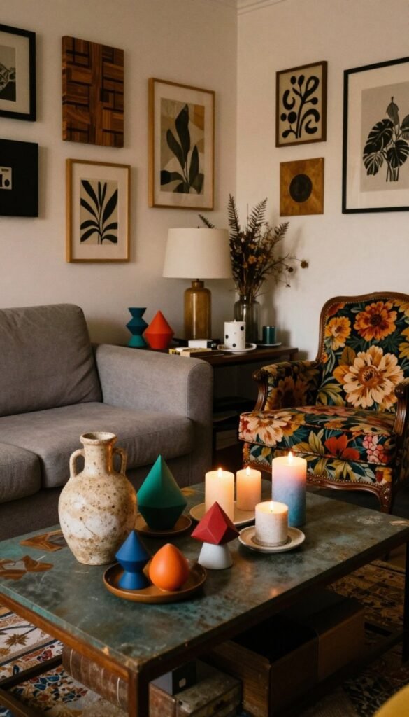 A cozy, cluttered living space showcasing a style chaos with various conflicting design elements. In the foreground, a mismatched coffee table holds an array of colorful decor items: a rustic vase, geometric sculptures, and an assortment of candles. The middle ground features a mix of seating options, such as a modern couch in soft gray, paired with a vintage armchair adorned in bold floral patterns. On the walls, eclectic artwork and various textures blend harmoniously, including wood, metal, and fabric. In the background, soft, warm lighting enhances the inviting atmosphere, casting gentle shadows. The overall mood is warm and authentic, reflecting a Pinterest-inspired aesthetic, without any text or branding present, yet subtly inspired by “WohnKiste” decor sensibilities. A cozy, cluttered living space showcasing a style chaos with various conflicting design elements. In the foreground, a mismatched coffee table holds an array of colorful decor items: a rustic vase, geometric sculptures, and an assortment of candles. The middle ground features a mix of seating options, such as a modern couch in soft gray, paired with a vintage armchair adorned in bold floral patterns. On the walls, eclectic artwork and various textures blend harmoniously, including wood, metal, and fabric. In the background, soft, warm lighting enhances the inviting atmosphere, casting gentle shadows. The overall mood is warm and authentic, reflecting a Pinterest-inspired aesthetic, without any text or branding present, yet subtly inspired by “WohnKiste” decor sensibilities.