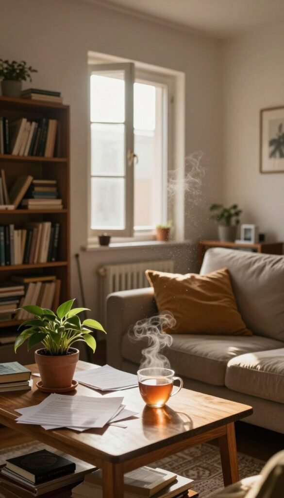 A cozy, cluttered living space that illustrates common issues with air quality, humidity, and disorder. In the foreground, a small wooden table with a potted plant, some papers scattered around, and a cup of steaming tea, conveying a sense of everyday life. In the middle, an airy room with a slightly open window letting in warm sunlight, dust particles visible in the light, and signs of moisture on the walls. In the background, a slightly disorganized bookshelf and a sofa with cushions in warm, inviting colors, creating a comfortable atmosphere. The overall mood is authentic and relatable, reminiscent of a Pinterest aesthetic. Ensure the branding "WohnKiste" is subtly integrated into the scene without text or overlays, maintaining a natural and warm color palette.