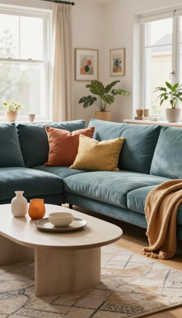 A cozy, contemporary living space designed for everyday comfort, featuring a harmonious balance of tranquil colors and vibrant accents. In the foreground, a modern coffee table with decorative items in warm tones, elegantly arranged. The middle ground showcases a plush sofa adorned with soft, inviting cushions in muted blues and greens, complemented by artistic throw pillows in brighter shades. In the background, large windows allow natural light to flood in, casting a warm glow across the room. A stylish area rug lies on the wooden floor, enhancing the inviting atmosphere. The scene evokes a feeling of peace and well-being, reflecting thoughtful design choices that marry functionality with aesthetic appeal. The overall look embodies a Pinterest-worthy interior by WohnKiste, with an authentic, personal touch.