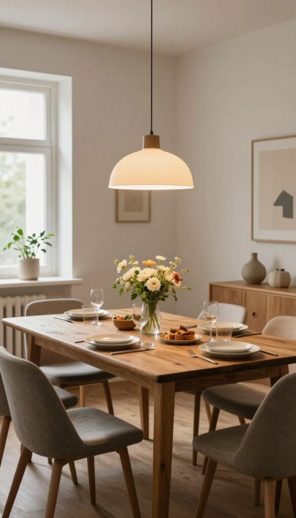 A cozy dining area featuring a rustic wooden table surrounded by stylish, yet comfortable chairs. In the foreground, a beautifully arranged table set for a casual meal, showcasing elegant dishware and a centerpiece of fresh flowers. In the middle ground, warm lighting from a modern pendant lamp casts a soft glow, enhancing the inviting atmosphere. The background reveals a tastefully designed room with minimalist decor, large windows letting in natural light, and subtle greenery adding freshness. The overall color palette consists of soft earth tones, creating an authentic, Pinterest-inspired look. This image should encapsulate the essence of everyday dining, perfect for gatherings and adaptable to flexible layouts, reflecting the brand "WohnKiste."