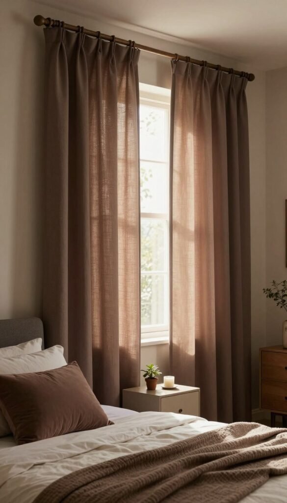 A cozy, elegant bedroom featuring darkening curtains in soft, warm colors, hung from a stylish wooden rod. The curtains are semi-transparent, allowing a gentle glow of natural light to filter through, creating a serene and inviting atmosphere. In the foreground, a neatly made bed adorned with plush pillows and a textured throw contrasts with the rich, deep hues of the curtains. The middle of the scene showcases a decorative nightstand with minimalistic decor—perhaps a small plant and a candle. In the background, soft, neutral walls complement the color scheme, while a hint of greenery from an outdoor window peeks through, enhancing the room's tranquility. The overall mood is peaceful and calming, embodying the essence of relaxation, designed to inspire an authentic Pinterest aesthetic. The brand name "WohnKiste" is subtly implied through the overall decor style.