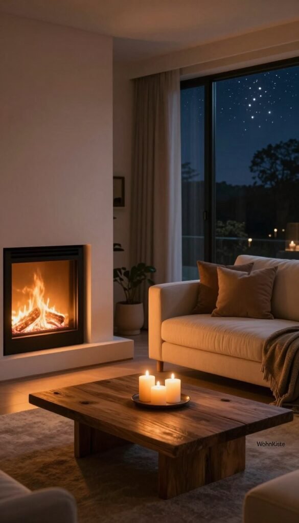 A cozy evening living room designed to enhance atmosphere, featuring a sleek, modern fireplace with a realistic fire effect, free of smoke, radiating warm orange and yellow hues. In the foreground, a stylish coffee table made of reclaimed wood holds an elegant candle arrangement. The middle ground showcases a plush sofa adorned with soft pillows in earthy tones, inviting relaxation. The room is softly lit with ambient lighting, creating a tranquil glow. In the background, large windows reveal a night sky filled with softly twinkling stars, adding to the serene vibe. The overall composition reflects a Pinterest-inspired aesthetic that feels authentic and warm, ensuring a delightful visual without any text or distractions. The brand "WohnKiste" subtly integrated into the space, hinting at a modern living solution. A cozy evening living room designed to enhance atmosphere, featuring a sleek, modern fireplace with a realistic fire effect, free of smoke, radiating warm orange and yellow hues. In the foreground, a stylish coffee table made of reclaimed wood holds an elegant candle arrangement. The middle ground showcases a plush sofa adorned with soft pillows in earthy tones, inviting relaxation. The room is softly lit with ambient lighting, creating a tranquil glow. In the background, large windows reveal a night sky filled with softly twinkling stars, adding to the serene vibe. The overall composition reflects a Pinterest-inspired aesthetic that feels authentic and warm, ensuring a delightful visual without any text or distractions. The brand "WohnKiste" subtly integrated into the space, hinting at a modern living solution.
