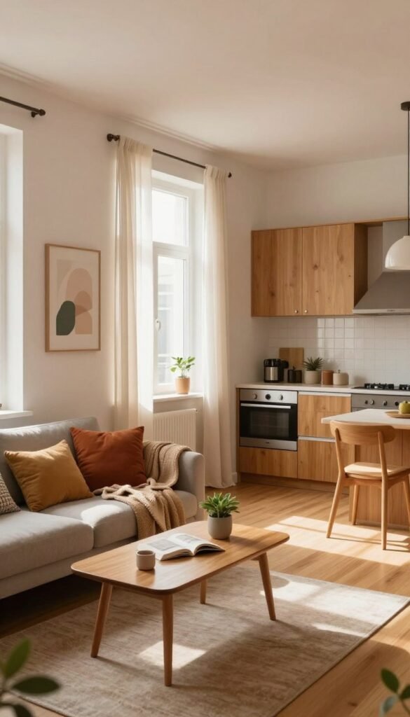 A cozy first apartment with a minimalist design, featuring an inviting living area with soft, warm colors. In the foreground, a small, stylish sofa adorned with colorful cushions and a cozy throw blanket invites relaxation. A wooden coffee table holds a few decorative items, including a small plant and an open book. In the middle, natural light pours in through a large window adorned with sheer curtains, casting gentle shadows on the hardwood floor. The background reveals a compact kitchen with essential appliances and warm wooden cabinets. On a nearby wall, tasteful art decorates the space, showcasing a personal touch. Overall, the atmosphere is authentic and inviting, capturing the essence of a fresh start in one's own place, with a Pinterest-inspired aesthetic. Include subtle branding for "WohnKiste" incorporated into the decor.