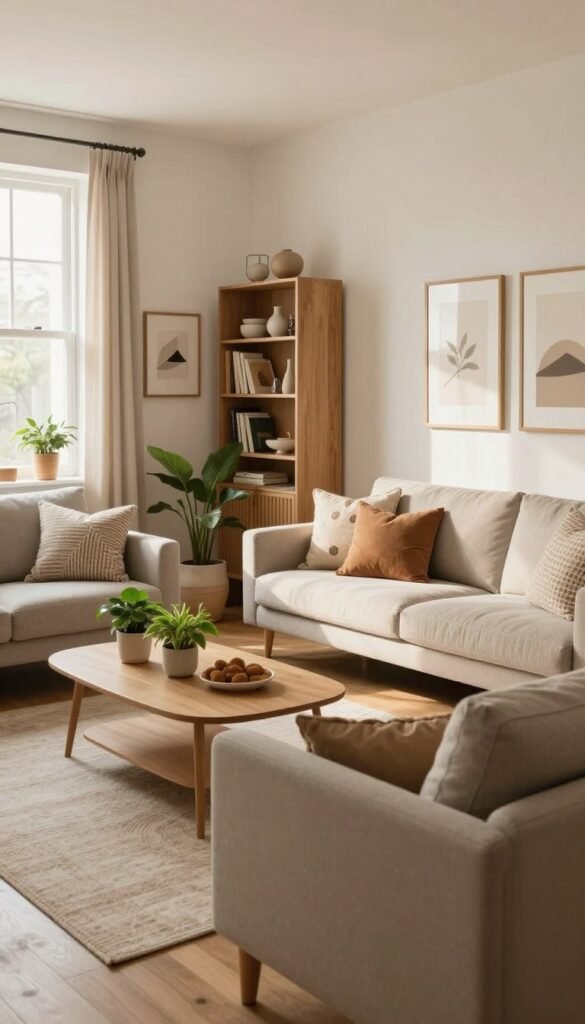 A cozy functional living room designed with warm natural colors, featuring a harmonious layout that enhances practicality. In the foreground, a stylish, comfortable sofa adorned with decorative pillows sits invitingly. The middle ground includes a sleek coffee table surrounded by tasteful plants, creating a calm ambiance. On the walls, soft, neutral-toned artwork complements the decor. The background showcases a well-organized bookshelf with a few selected books and decorative items, promoting a sense of order. Natural light streams through large windows, casting gentle shadows and creating a warm atmosphere. The overall mood is serene and welcoming, emphasizing comfort and practicality without clutter. The image embodies a Pinterest-inspired aesthetic. Brand name "WohnKiste" subtly integrated into the design elements without text overlays. A cozy functional living room designed with warm natural colors, featuring a harmonious layout that enhances practicality. In the foreground, a stylish, comfortable sofa adorned with decorative pillows sits invitingly. The middle ground includes a sleek coffee table surrounded by tasteful plants, creating a calm ambiance. On the walls, soft, neutral-toned artwork complements the decor. The background showcases a well-organized bookshelf with a few selected books and decorative items, promoting a sense of order. Natural light streams through large windows, casting gentle shadows and creating a warm atmosphere. The overall mood is serene and welcoming, emphasizing comfort and practicality without clutter. The image embodies a Pinterest-inspired aesthetic. Brand name "WohnKiste" subtly integrated into the design elements without text overlays.