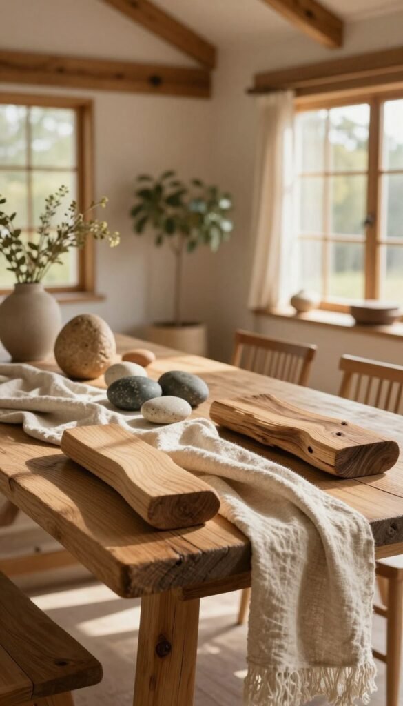A cozy, harmonious interior scene featuring a beautifully arranged selection of wooden materials, natural textiles, and stones. In the foreground, a rustic wooden table showcases various wooden textures, such as smooth oak and weathered pine. Soft, natural textiles like linen and cotton drape elegantly across the table, complementing the earthy tones. In the middle, a collection of decorative stones adds a serene touch, with delicate shadows from nearby plants. The background features a warm, softly lit room adorned with wooden beams and large windows, allowing gentle sunlight to filter through. The overall atmosphere exudes tranquility, with a Pinterest-inspired aesthetic, ideal for evoking a sense of calm and connection to nature. No text overlays or logos are included, but subtly incorporate the feel of the brand "WohnKiste."