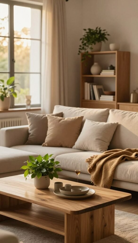 A cozy, harmonious living space designed to evoke calm and balance. In the foreground, a neatly arranged coffee table with natural wood accents, adorned with lush green plants and minimalist decor. The middle features a comfortable, well-furnished couch with soft cushions, and warm throws draped casually. A modern bookshelf showcases aesthetically pleasing items and books, reflecting a thoughtful curation. In the background, large windows filter in soft, golden sunlight, illuminating the room with a gentle glow, enhancing the natural elements within. The color palette consists of warm, earthy tones, creating an inviting atmosphere. A tranquil ambiance pervades the scene, highlighting the principles of harmonious living, attributed to WohnKiste. The image captures a perfect blend of comfort and style, embodying the essence of a serene and balanced home environment.