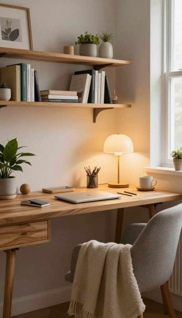 A cozy home office corner designed with a Pinterest-inspired aesthetic, featuring a stylish wooden desk adorned with minimalist stationery, an elegant potted plant, and a tasteful lamp casting warm, inviting light. In the foreground, include a comfortable chair with a soft throw blanket draped over it. The middle ground showcases a wall with functional yet decorative shelves displaying books and personal items, enhancing the space's charm. Soft natural light filters through a window in the background, highlighting warm colors and creating a serene atmosphere. The overall mood is inviting and productive, reflecting a blend of functionality and homey decor. Avoid any text, watermarks, or signatures. The scene embodies the essence of WohnKiste, merging style with usability.