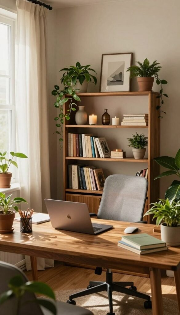 A cozy home-office nook designed to feel inviting and free from traditional office constraints. In the foreground, a modern wooden desk with a sleek laptop and neatly organized stationery, surrounded by lush indoor plants. The middle layer features an ergonomic chair, a stylish bookshelf filled with books and decorative items like candles and small art pieces. The background showcases a softly lit window draped with sheer curtains, allowing warm, natural light to flood the space. The color palette includes earthy tones and warm hues, creating a Pinterest-inspired aesthetic. The overall atmosphere is calm and inspiring, ideal for productive work sessions. Include subtle branding elements of "WohnKiste" in decorative items, ensuring a cohesive and authentic look.