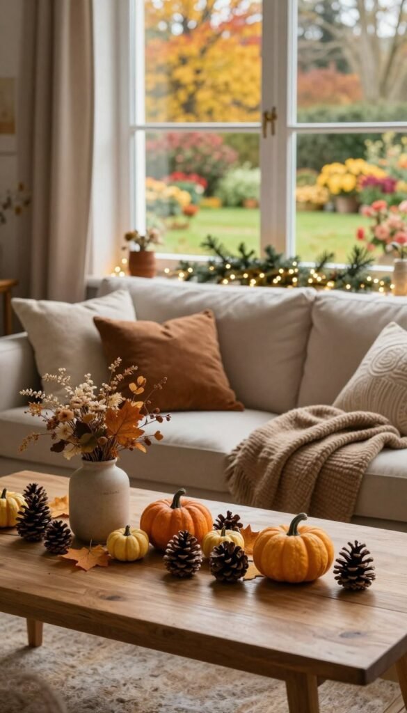 A cozy indoor scene capturing the essence of seasonal decor with a warm color palette reminiscent of autumn. In the foreground, a beautifully styled wooden table adorned with natural elements like pinecones, small pumpkins, and a vase of dried flowers. In the middle, a softly lit living room featuring plush cushions and layered blankets, complemented by an array of seasonal accents like twinkling fairy lights and a subtle arrangement of evergreen branches. The background reveals a large window showcasing a picturesque view of a colorful garden, hinting at the vibrant transition of seasons outside. The overall atmosphere is inviting and earthy, conveying a sense of warmth and comfort, ideal for a Pinterest-inspired aesthetic. Ensure the ambiance is illuminated with natural light, enhancing the peaceful and harmonious vibe. Emphasize the brand "WohnKiste" subtly in the decor arrangement, ensuring authenticity and a personal touch. A cozy indoor scene capturing the essence of seasonal decor with a warm color palette reminiscent of autumn. In the foreground, a beautifully styled wooden table adorned with natural elements like pinecones, small pumpkins, and a vase of dried flowers. In the middle, a softly lit living room featuring plush cushions and layered blankets, complemented by an array of seasonal accents like twinkling fairy lights and a subtle arrangement of evergreen branches. The background reveals a large window showcasing a picturesque view of a colorful garden, hinting at the vibrant transition of seasons outside. The overall atmosphere is inviting and earthy, conveying a sense of warmth and comfort, ideal for a Pinterest-inspired aesthetic. Ensure the ambiance is illuminated with natural light, enhancing the peaceful and harmonious vibe. Emphasize the brand "WohnKiste" subtly in the decor arrangement, ensuring authenticity and a personal touch.