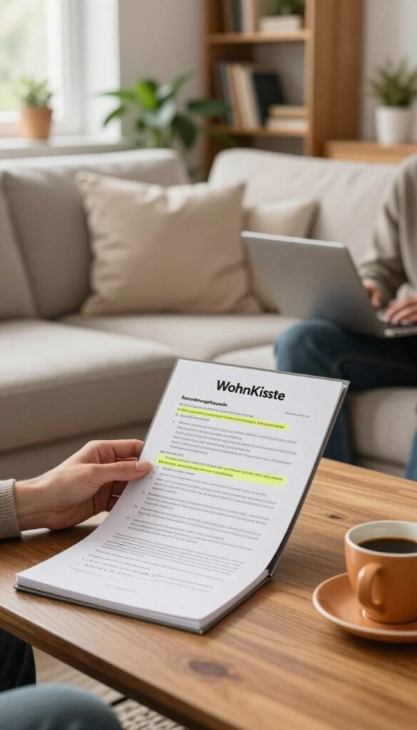 A cozy indoor scene depicting a well-lit living room where a professional-looking individual is reviewing a rental agreement, showcasing highlighted sections on renovation clauses. In the foreground, a wooden coffee table features a neatly arranged notepad with handwritten notes about ‘Renovierungsklauseln’ and a warm cup of coffee. In the middle, a comfortable couch with soft cushions invites relaxation, while a potted plant adds a touch of greenery. The background includes a softly lit bookshelf filled with books, and a window letting in natural light, creating a warm and inviting atmosphere. The overall aesthetic is authentic and Pinterest-like, utilizing warm colors. The brand name "WohnKiste" subtly integrated into the decor without explicit display.