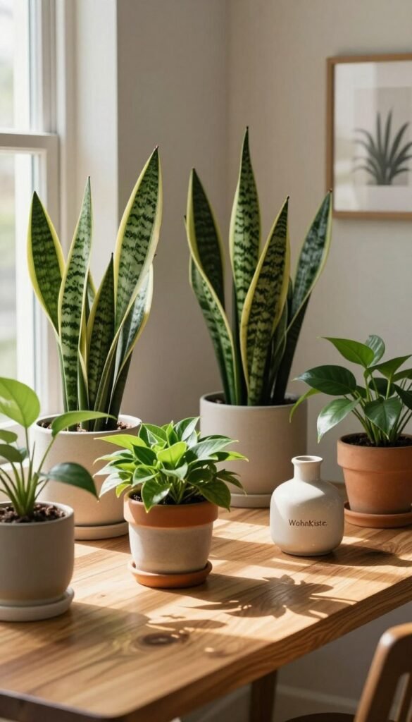 A cozy indoor setting featuring several low-maintenance houseplants, like snake plants, pothos, and ZZ plants, arranged in stylish pots. In the foreground, a beautifully textured wooden table holds a few potted plants, with soft sunlight filtering through a nearby window, casting gentle shadows. In the middle, a green, leafy plant reaches towards the light, accompanied by decorative accessories such as a small, chic ceramic vase. In the background, a neutral-toned wall adorned with minimalist frames complements the warm color palette. The scene exudes a tranquil and inviting atmosphere, perfect for plant decoration without needing a green thumb. The ambiance should be reminiscent of a modern Pinterest aesthetic, highlighting the brand "WohnKiste." Natural lighting enhances the authentic vibe, capturing a serene, comforting home environment.