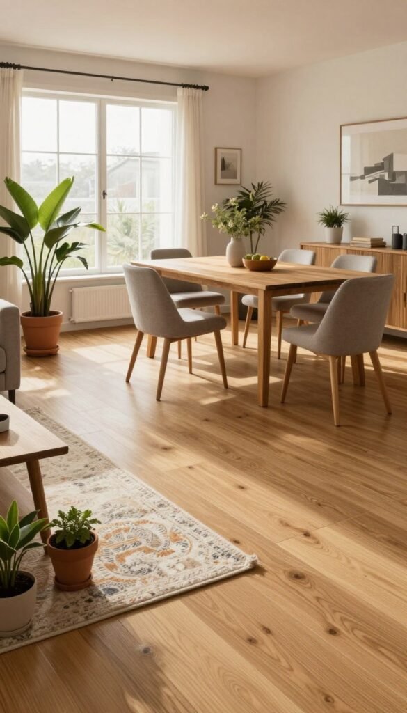 A cozy interior living space showcasing versatile flooring materials for everyday use, such as wood, tile, and carpet. In the foreground, a bright, sunlit area with a lush area rug and potted plants creates a warm, inviting atmosphere. The middle ground features a sleek wooden dining table surrounded by modern, comfortable chairs, highlighting the durability and ease of maintenance of the flooring. In the background, large windows allow natural light to flood the room, enhancing the rustic yet contemporary feel. The overall mood is welcoming and stylish, embodying authentic design with warm colors reminiscent of a Pinterest aesthetic. Include subtle branding elements of "WohnKiste" in the decor without any text or captions. Use soft, natural lighting and a wide-angle lens to capture the full essence of the space.
