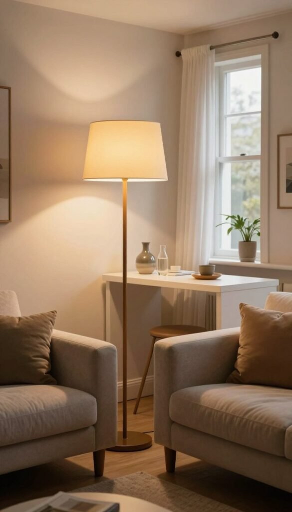 A cozy interior room showcasing a well-planned lighting arrangement, emphasizing functional, inviting, and glare-free illumination. In the foreground, a stylish floor lamp with a warm-toned lamp shade stands next to a plush, comfortable sofa. The middle ground features a sleek, contemporary table adorned with tasteful decor items, underlit by soft, ambient lighting. The background includes a large window allowing natural light to filter in, complemented by sheer curtains fluttering gently. The overall atmosphere is warm and inviting, with soft shadows enhancing the room's depth. Use a bright lens with a slight vignette effect to create a warm Pinterest-style look. The branding "WohnKiste" subtly integrates into the decor without drawing attention away from the lighting details.