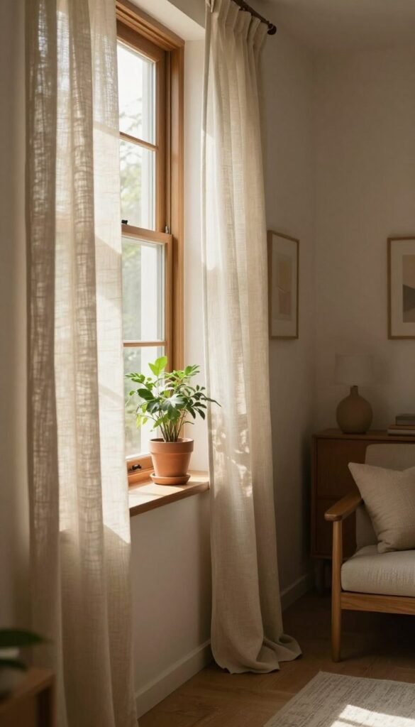 A cozy interior scene featuring a beautifully designed window (fenster) that allows soft, warm sunlight to pour in. In the foreground, delicate curtains sway gently, made of natural, textured fabrics in neutral tones, enhancing the warmth of the space. The middle ground reveals a stylish wooden window frame adorned with potted indoor plants that complement the serene atmosphere. In the background, a softly lit room filled with minimalistic decor and plush textiles creates a harmonious, clutter-free ambiance. The mood is inviting and tranquil, embodying a Pinterest-inspired aesthetic with earthy colors. The image should reflect the quality and design ethos of "WohnKiste", showcasing a balance of light, textiles, and natural elements without any distractions from text or logos.