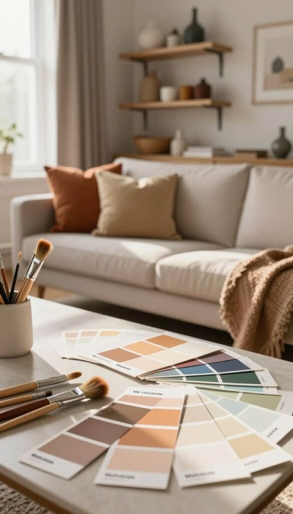 A cozy interior scene featuring a stylish living room with a neutral palette accentuated by warm tones, showcasing several beautifully labeled paint swatches from the brand "Wohnkiste." In the foreground, a table displays brushes and paint samples, emphasizing a creative color selection process. The middle ground highlights a comfortable sofa adorned with throw pillows in complementary colors, while the background showcases well-organized shelves filled with home décor items in various hues. Soft, natural lighting streams through a large window, casting a warm glow and enhancing the inviting atmosphere. The overall mood is relaxed and inspiring, perfect for those making thoughtful color choices for their homes, evoking a Pinterest-like aesthetic and authenticity without any text or distractions.