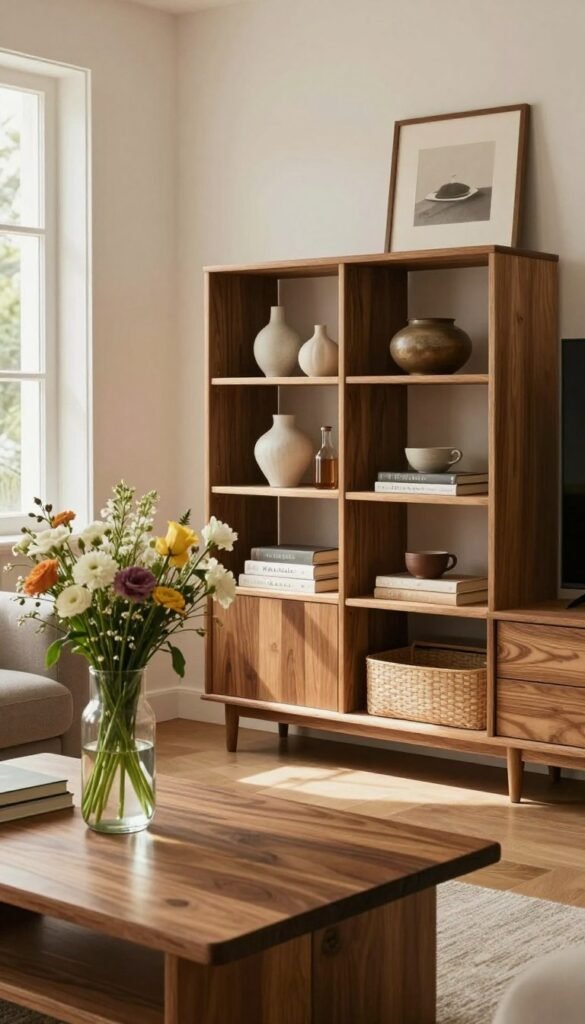 A cozy interior scene featuring a stylish material mix of wood and glass surfaces, showcasing robust yet everyday aesthetics. In the foreground, a wooden coffee table with a sleek glass vase filled with fresh flowers. The middle of the image highlights a modern wooden shelving unit displaying decorative items and books, blending seamlessly with various textures. The background includes a softly lit living room with warm, natural lighting streaming through large windows, creating a Pinterest-inspired atmosphere. The overall mood is inviting and tranquil, emphasizing a blend of functionality and aesthetics. The brand name "WohnKiste" subtly integrated within the decor elements.