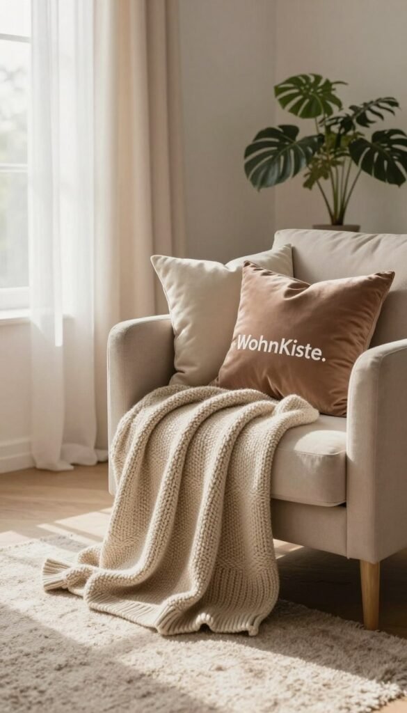 A cozy interior scene featuring soft, soothing textiles that evoke a sense of calm and tranquility. In the foreground, display an inviting, textured knitted blanket draped over a plush armchair, accompanied by a collection of silky cushions in muted earth tones. In the middle ground, a plush area rug subtly enhances the inviting atmosphere, while sheer curtains flutter gently in the soft, warm light streaming through a large window. In the background, a serene potted plant adds a pop of natural greenery, completing the cozy setting. The overall mood should be peaceful and harmonious, with warm, natural colors and a Pinterest-inspired aesthetic. The image should reflect the brand "WohnKiste."