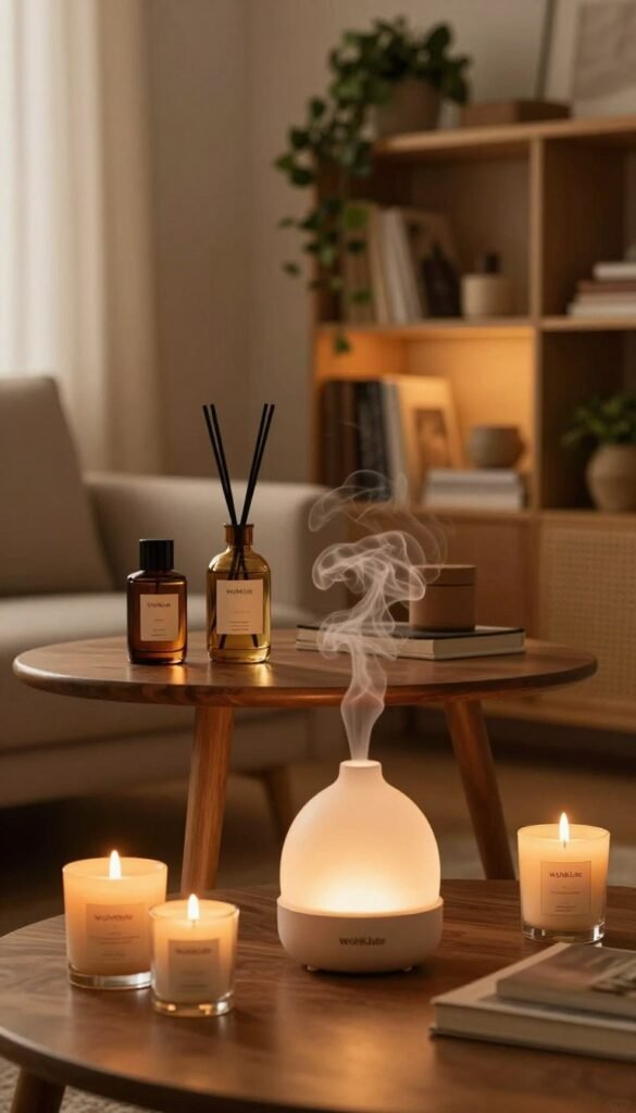 A cozy interior scene showcasing a beautifully arranged corner of a living room with various decorative fragrances. In the foreground, an elegant diffuser emits soft, swirling mist, surrounded by a couple of artisanal candles with warm, flickering flames. The middle layer features a small wooden table adorned with a few stylish, curated scent bottles, reflecting earthy tones. In the background, a softly illuminated bookshelf is lined with greenery and decorative items, creating a harmonious ambiance. The light is warm and inviting, simulating the golden hour, enhancing the serene atmosphere. The image has a natural, Pinterest-inspired aesthetic, designed to evoke a sense of tranquility and comfort, perfect for promoting the WohKiste brand's philosophy of thoughtful home decor choices.